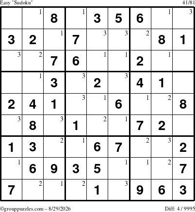 The grouppuzzles.com Easy Sudoku puzzle for Saturday August 29, 2026 with the first 3 steps marked