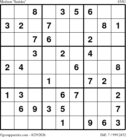 The grouppuzzles.com Medium Sudoku puzzle for Saturday August 29, 2026