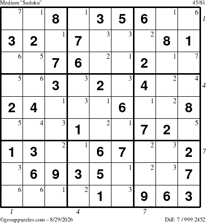The grouppuzzles.com Medium Sudoku puzzle for Saturday August 29, 2026 with all 7 steps marked