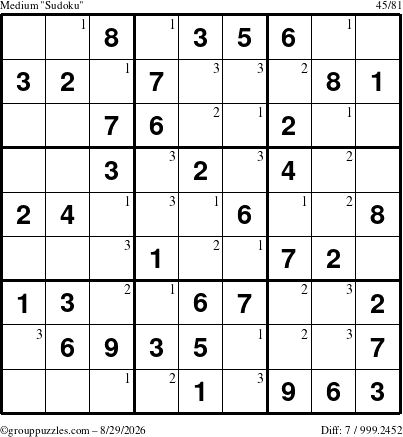 The grouppuzzles.com Medium Sudoku puzzle for Saturday August 29, 2026 with the first 3 steps marked