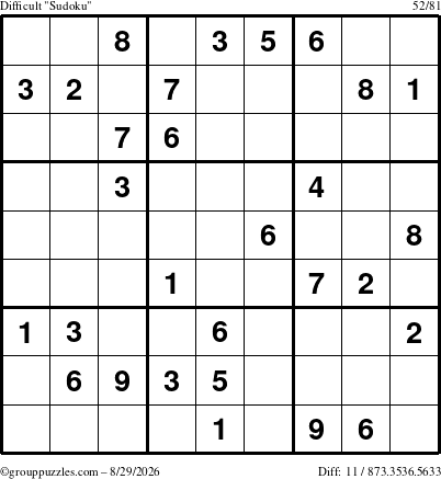 The grouppuzzles.com Difficult Sudoku puzzle for Saturday August 29, 2026