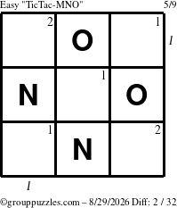 The grouppuzzles.com Easy TicTac-MNO puzzle for Saturday August 29, 2026 with all 2 steps marked