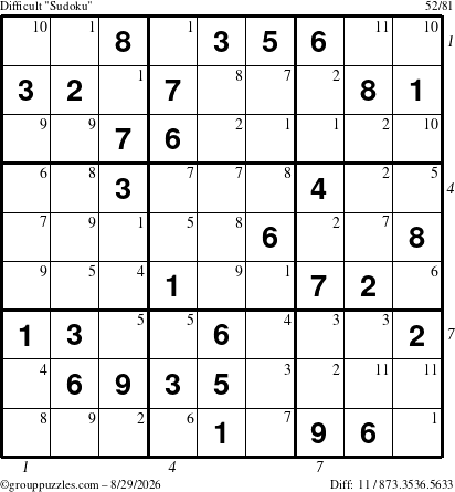 The grouppuzzles.com Difficult Sudoku puzzle for Saturday August 29, 2026, suitable for printing, with all 11 steps marked