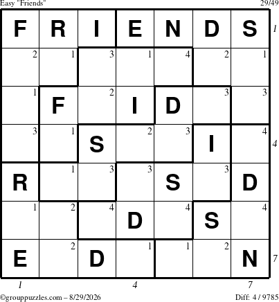 The grouppuzzles.com Easy Friends puzzle for Saturday August 29, 2026 with all 4 steps marked