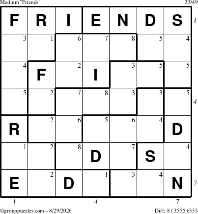 The grouppuzzles.com Medium Friends puzzle for Saturday August 29, 2026, suitable for printing, with all 8 steps marked