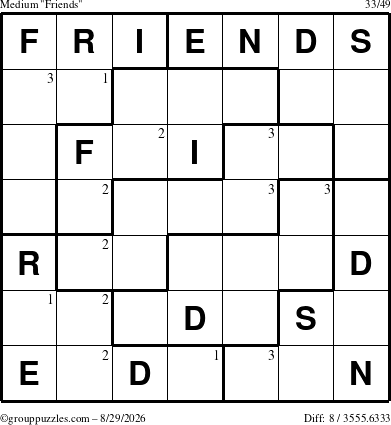 The grouppuzzles.com Medium Friends puzzle for Saturday August 29, 2026 with the first 3 steps marked