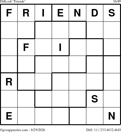 The grouppuzzles.com Difficult Friends puzzle for Saturday August 29, 2026