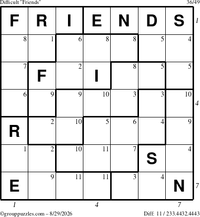 The grouppuzzles.com Difficult Friends puzzle for Saturday August 29, 2026 with all 11 steps marked