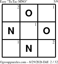 The grouppuzzles.com Easy TicTac-MNO puzzle for Saturday August 29, 2026 with the first 2 steps marked