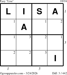 The grouppuzzles.com Easy Lisa puzzle for Tuesday March 24, 2026, suitable for printing, with all 3 steps marked