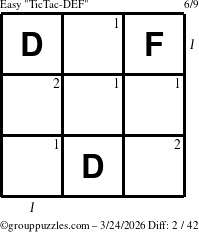 The grouppuzzles.com Easy TicTac-DEF puzzle for Tuesday March 24, 2026 with all 2 steps marked