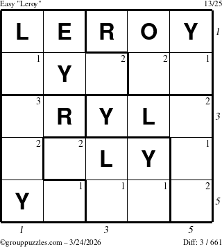 The grouppuzzles.com Easy Leroy puzzle for Tuesday March 24, 2026, suitable for printing, with all 3 steps marked