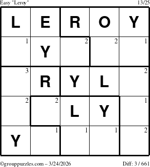 The grouppuzzles.com Easy Leroy puzzle for Tuesday March 24, 2026 with the first 3 steps marked