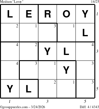 The grouppuzzles.com Medium Leroy puzzle for Tuesday March 24, 2026, suitable for printing, with all 4 steps marked