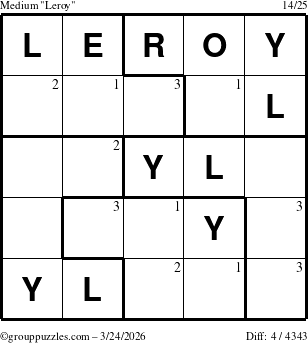 The grouppuzzles.com Medium Leroy puzzle for Tuesday March 24, 2026 with the first 3 steps marked