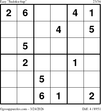 The grouppuzzles.com Easy Sudoku-6up puzzle for Tuesday March 24, 2026