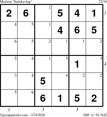 The grouppuzzles.com Medium Sudoku-6up puzzle for Tuesday March 24, 2026, suitable for printing, with all 6 steps marked