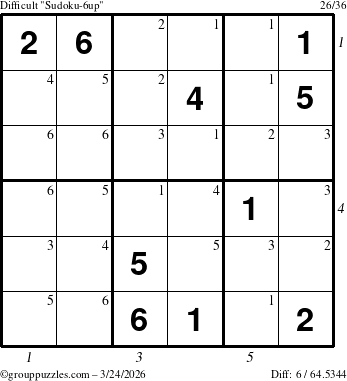 The grouppuzzles.com Difficult Sudoku-6up puzzle for Tuesday March 24, 2026, suitable for printing, with all 6 steps marked