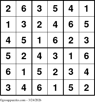 The grouppuzzles.com Answer grid for the Sudoku-6up puzzle for Tuesday March 24, 2026