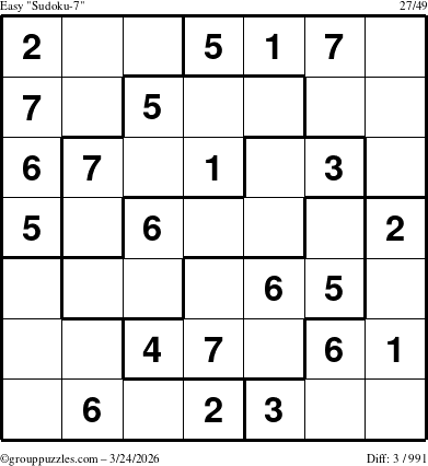 The grouppuzzles.com Easy Sudoku-7 puzzle for Tuesday March 24, 2026