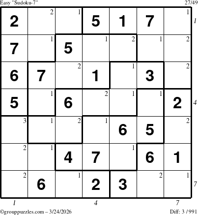 The grouppuzzles.com Easy Sudoku-7 puzzle for Tuesday March 24, 2026, suitable for printing, with all 3 steps marked