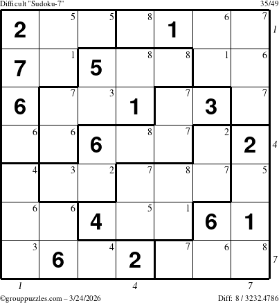 The grouppuzzles.com Difficult Sudoku-7 puzzle for Tuesday March 24, 2026, suitable for printing, with all 8 steps marked