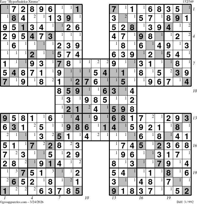The grouppuzzles.com Easy HyperSudoku-Xtreme puzzle for Tuesday March 24, 2026 with all 3 steps marked