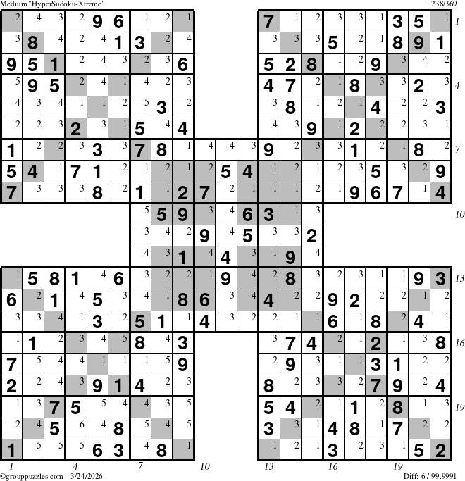 The grouppuzzles.com Medium HyperSudoku-Xtreme puzzle for Tuesday March 24, 2026, suitable for printing, with all 6 steps marked