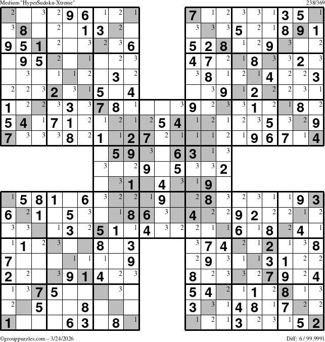 The grouppuzzles.com Medium HyperSudoku-Xtreme puzzle for Tuesday March 24, 2026 with the first 3 steps marked