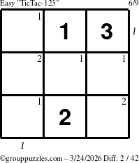The grouppuzzles.com Easy TicTac-123 puzzle for Tuesday March 24, 2026 with all 2 steps marked