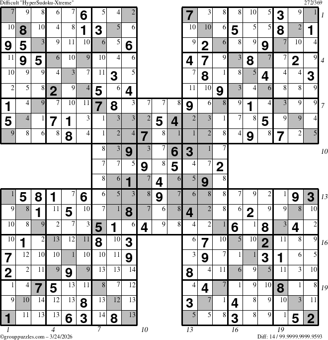 The grouppuzzles.com Difficult HyperSudoku-Xtreme puzzle for Tuesday March 24, 2026, suitable for printing, with all 14 steps marked