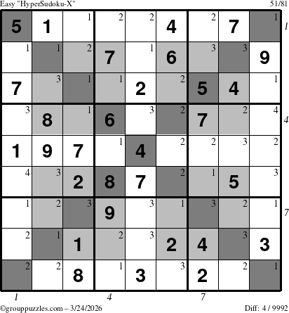 The grouppuzzles.com Easy HyperSudoku-X puzzle for Tuesday March 24, 2026 with all 4 steps marked