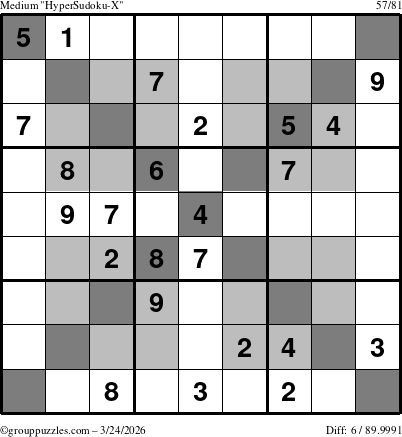 The grouppuzzles.com Medium HyperSudoku-X puzzle for Tuesday March 24, 2026
