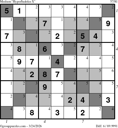 The grouppuzzles.com Medium HyperSudoku-X puzzle for Tuesday March 24, 2026 with all 6 steps marked