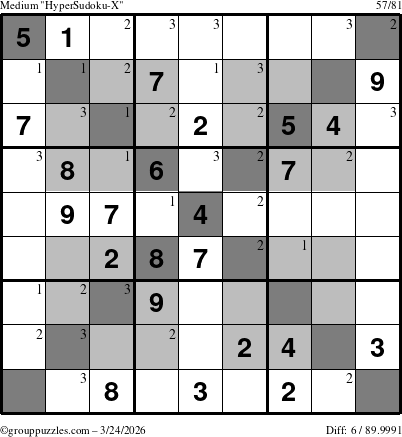 The grouppuzzles.com Medium HyperSudoku-X puzzle for Tuesday March 24, 2026 with the first 3 steps marked
