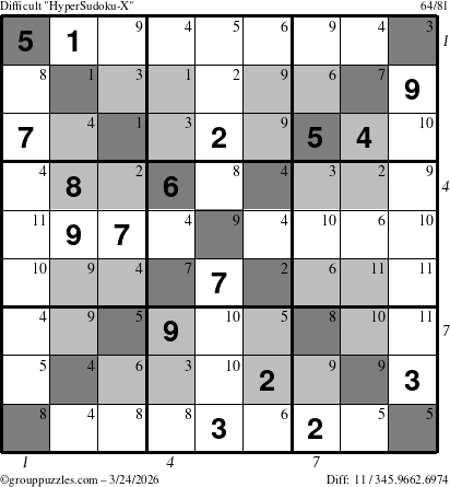 The grouppuzzles.com Difficult HyperSudoku-X puzzle for Tuesday March 24, 2026, suitable for printing, with all 11 steps marked