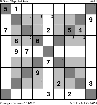 The grouppuzzles.com Difficult HyperSudoku-X puzzle for Tuesday March 24, 2026 with the first 3 steps marked