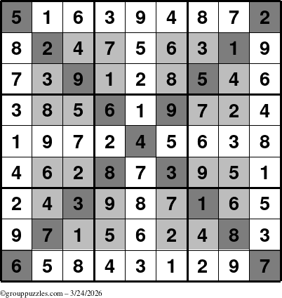 The grouppuzzles.com Answer grid for the HyperSudoku-X puzzle for Tuesday March 24, 2026