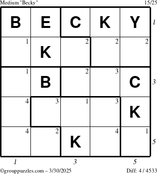The grouppuzzles.com Medium Becky puzzle for Sunday March 30, 2025, suitable for printing, with all 4 steps marked
