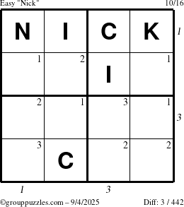 The grouppuzzles.com Easy Nick puzzle for Thursday September 4, 2025 with all 3 steps marked