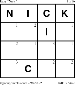 The grouppuzzles.com Easy Nick puzzle for Thursday September 4, 2025 with the first 3 steps marked