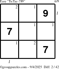 The grouppuzzles.com Easy TicTac-789 puzzle for Thursday September 4, 2025 with all 2 steps marked