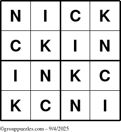The grouppuzzles.com Answer grid for the Nick puzzle for Thursday September 4, 2025