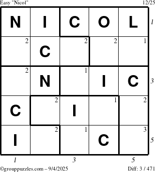 The grouppuzzles.com Easy Nicol puzzle for Thursday September 4, 2025 with all 3 steps marked