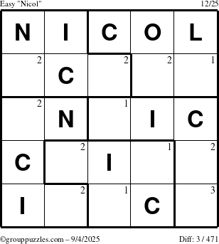 The grouppuzzles.com Easy Nicol puzzle for Thursday September 4, 2025 with the first 3 steps marked