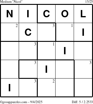 The grouppuzzles.com Medium Nicol puzzle for Thursday September 4, 2025 with the first 3 steps marked
