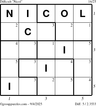 The grouppuzzles.com Difficult Nicol puzzle for Thursday September 4, 2025 with all 5 steps marked