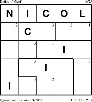 The grouppuzzles.com Difficult Nicol puzzle for Thursday September 4, 2025 with the first 3 steps marked