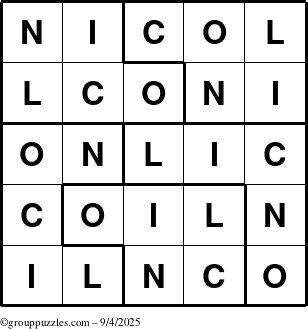 The grouppuzzles.com Answer grid for the Nicol puzzle for Thursday September 4, 2025