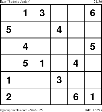 The grouppuzzles.com Easy Sudoku-Junior puzzle for Thursday September 4, 2025